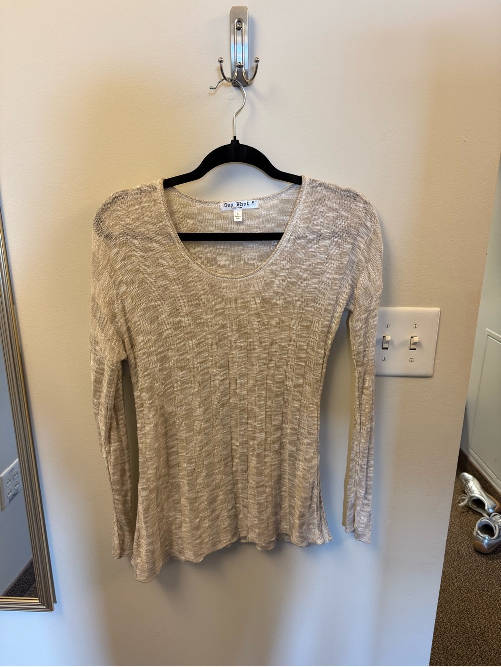 thin beige sweater with stripey knit pattern